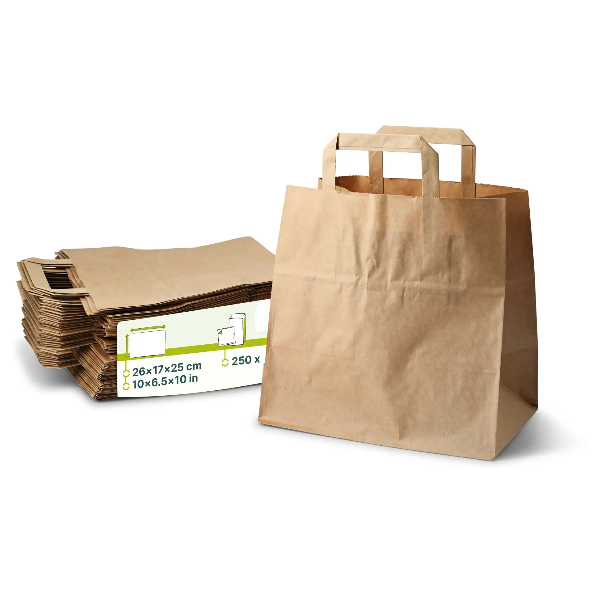 One brown paper carrier bag with flat handles in focus; stacked bags shown in the background.